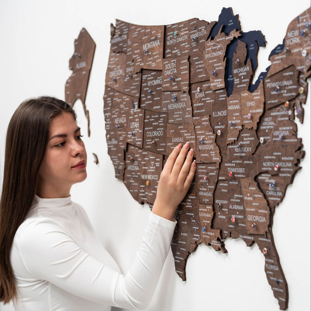 3D wooden map of the USA in dark walnut hanging on a minimalist living room wall