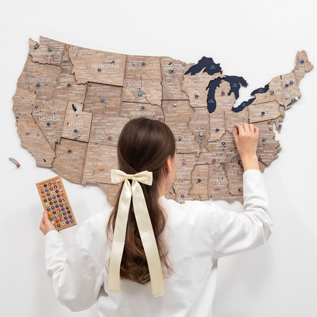 Modern 3D wooden USA wall map in brown and navy tones with 3D state detailing.