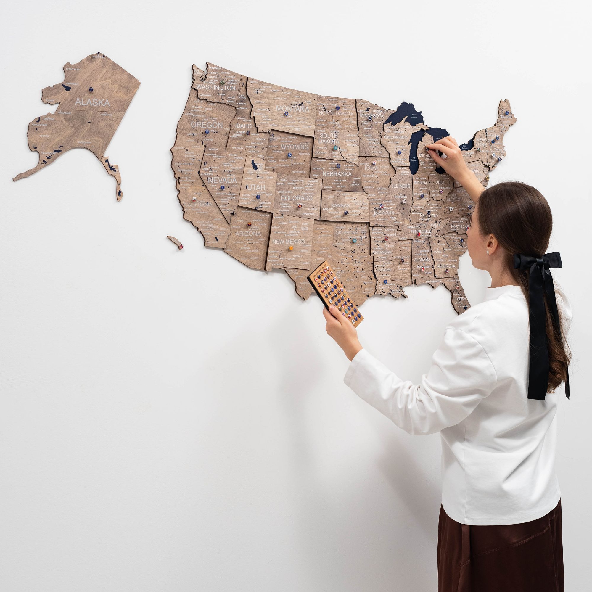 3D Wooden USA Map Wall Art – Modern Minimalist Brown & Navy Decor