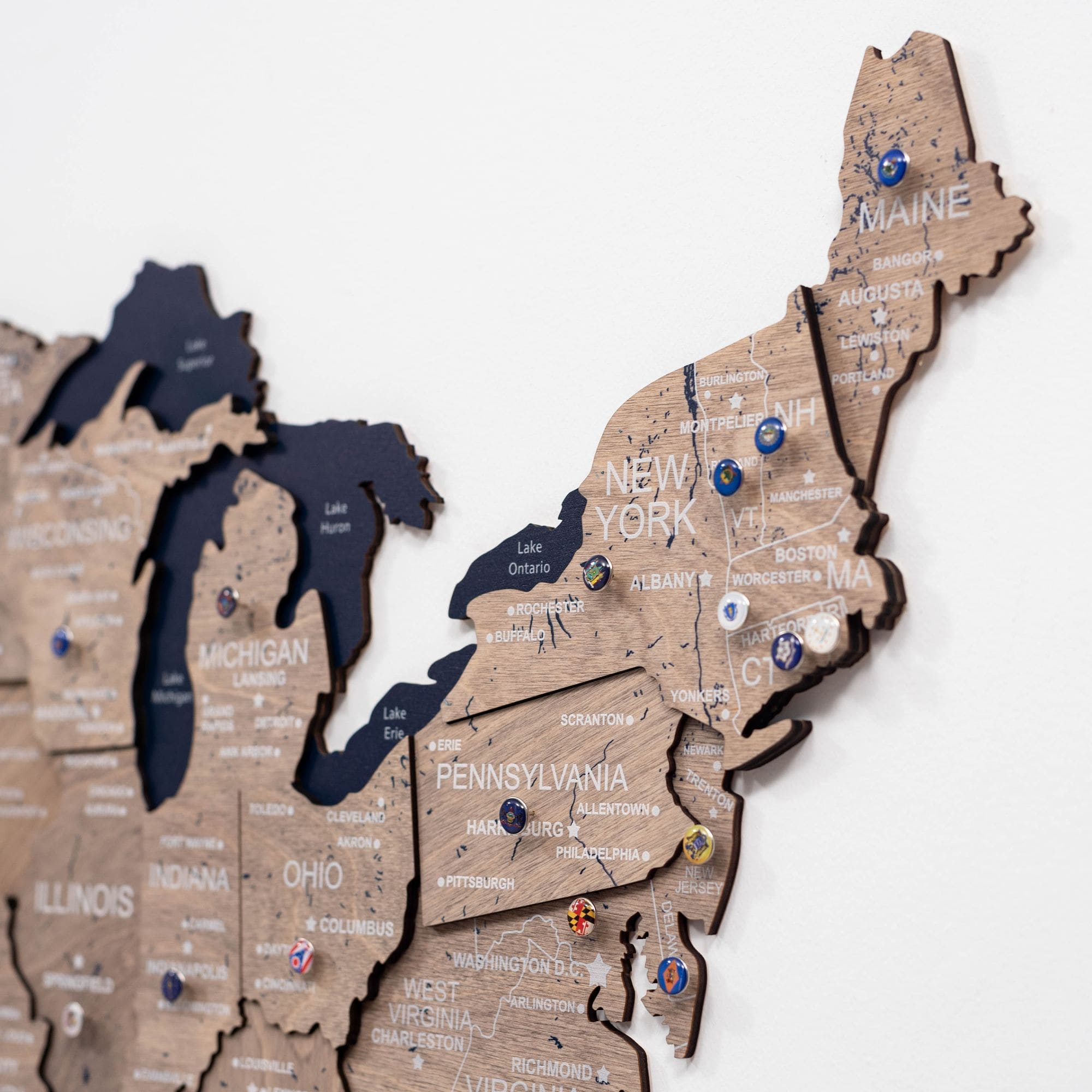3D Wooden USA Map Wall Art – Modern Minimalist Brown & Navy Decor