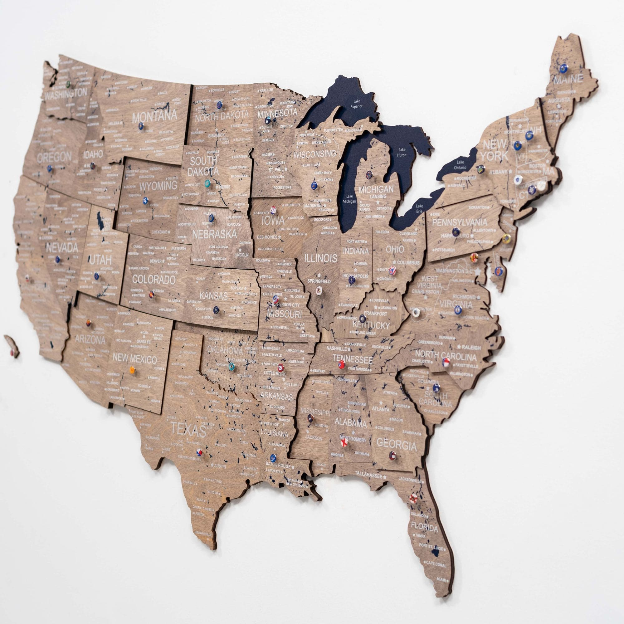 3D Wooden USA Map Wall Art – Modern Minimalist Brown & Navy Decor