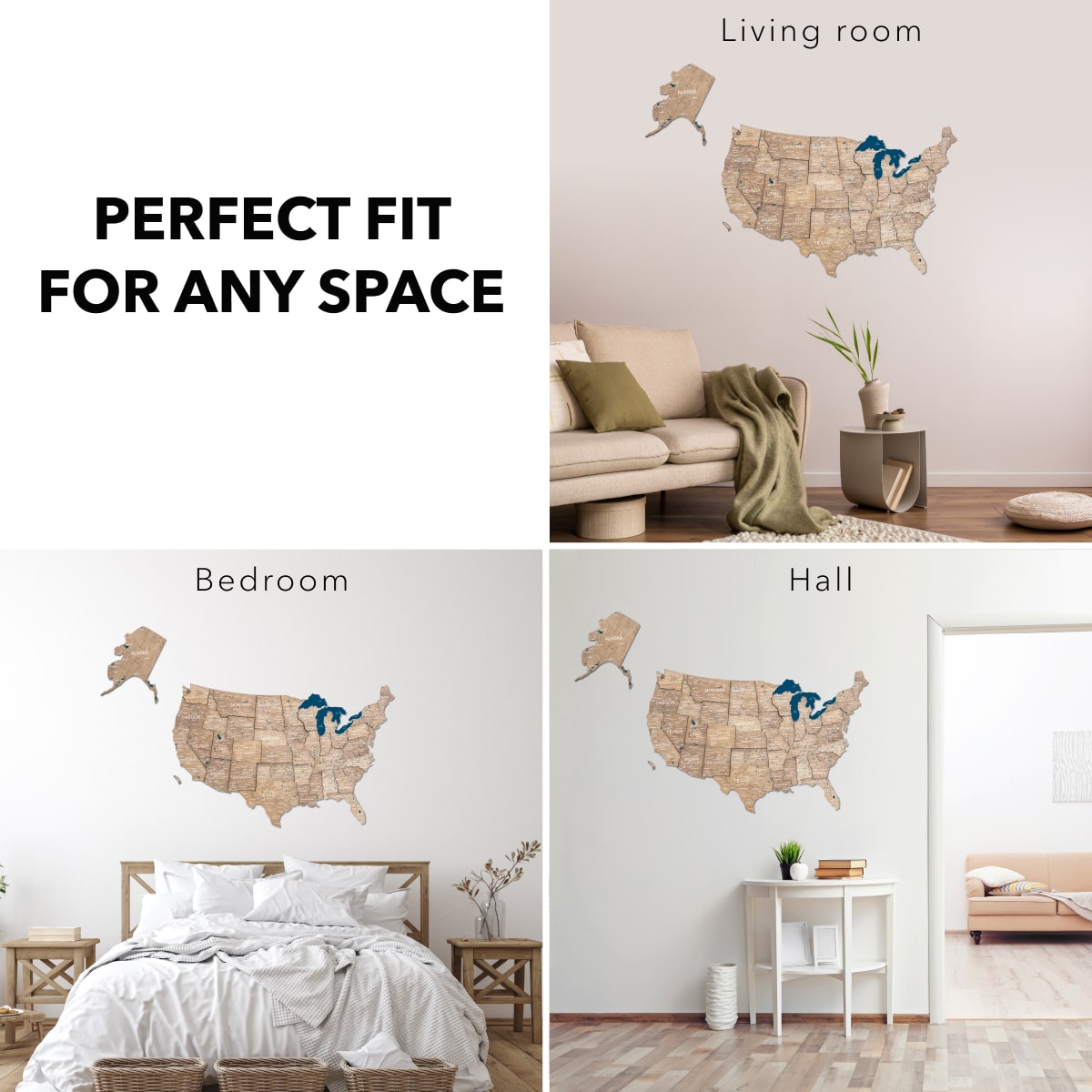 3D Wooden USA Map Wall Art – Modern Minimalist Brown & Navy Decor