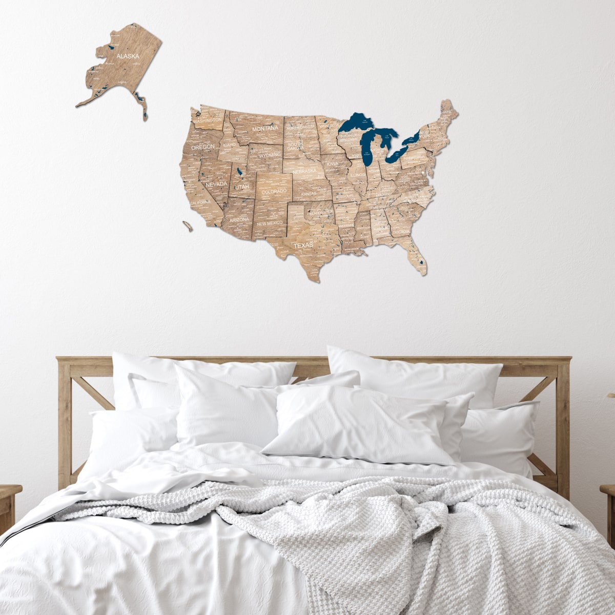 3D Wooden USA Map Wall Art – Modern Minimalist Brown & Navy Decor