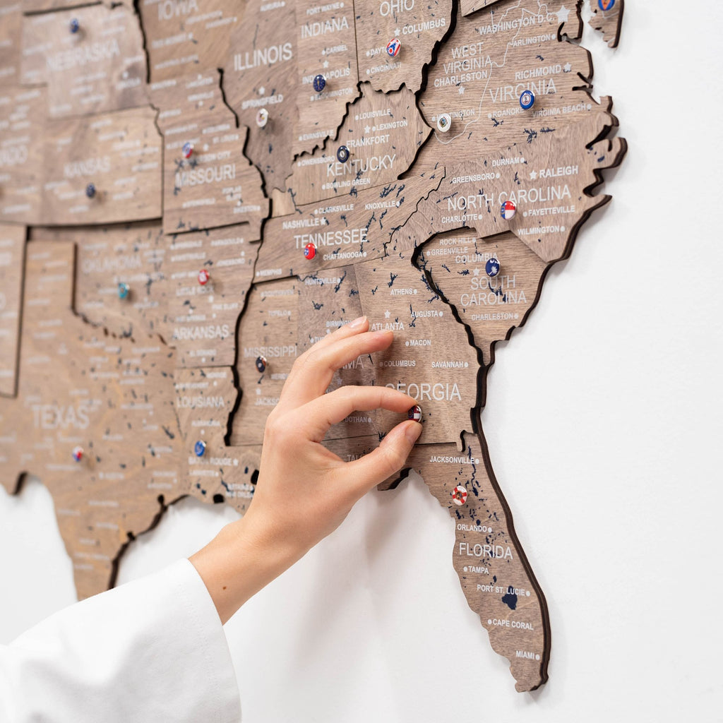 3D Wooden USA Map Wall Art – Modern Minimalist Brown & Navy Decor