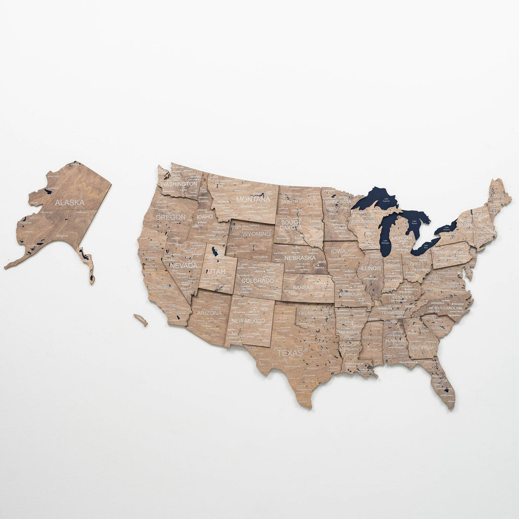 3D Wooden USA Map Wall Art – Modern Minimalist Brown & Navy Decor