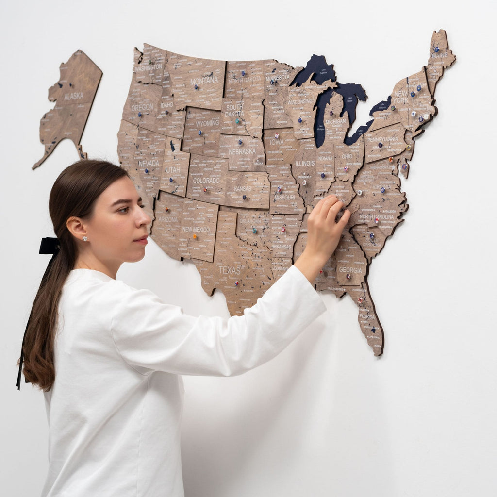 3D Wooden USA Map Wall Art – Modern Minimalist Brown & Navy Decor