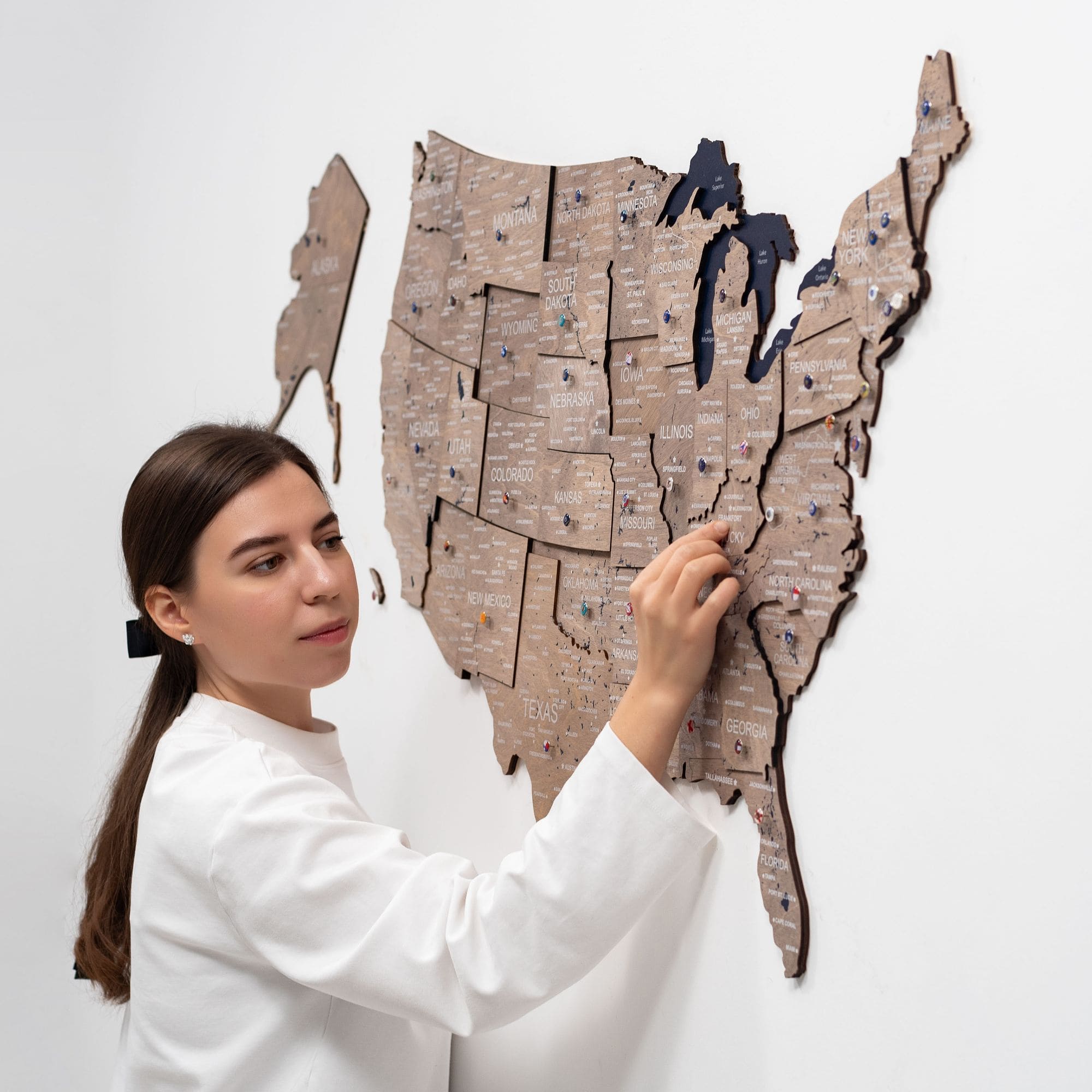 3D Wooden USA Map Wall Art – Modern Minimalist Brown & Navy Decor