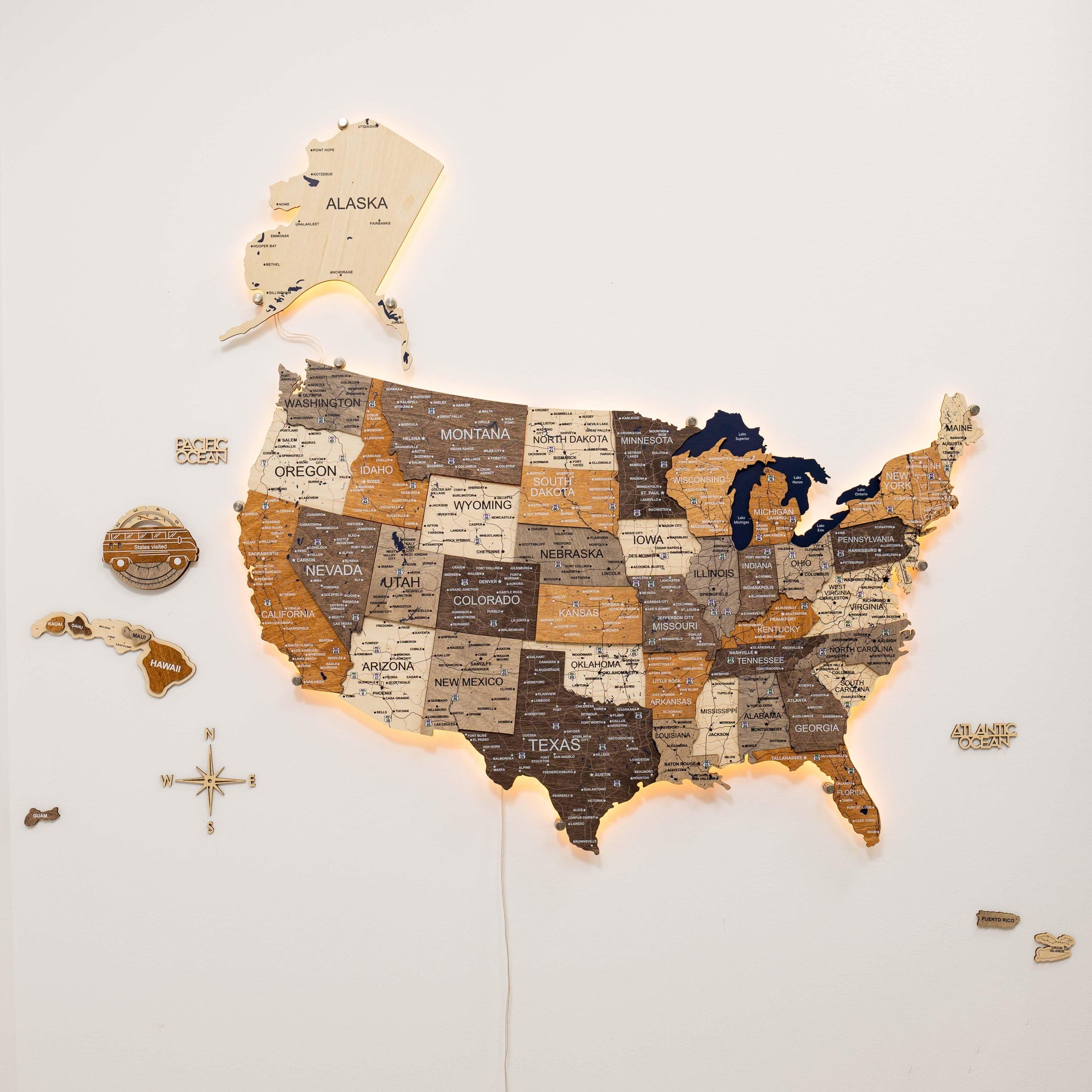 3D USA Wooden Map Travel Tracker Multicolor for Wall Decor