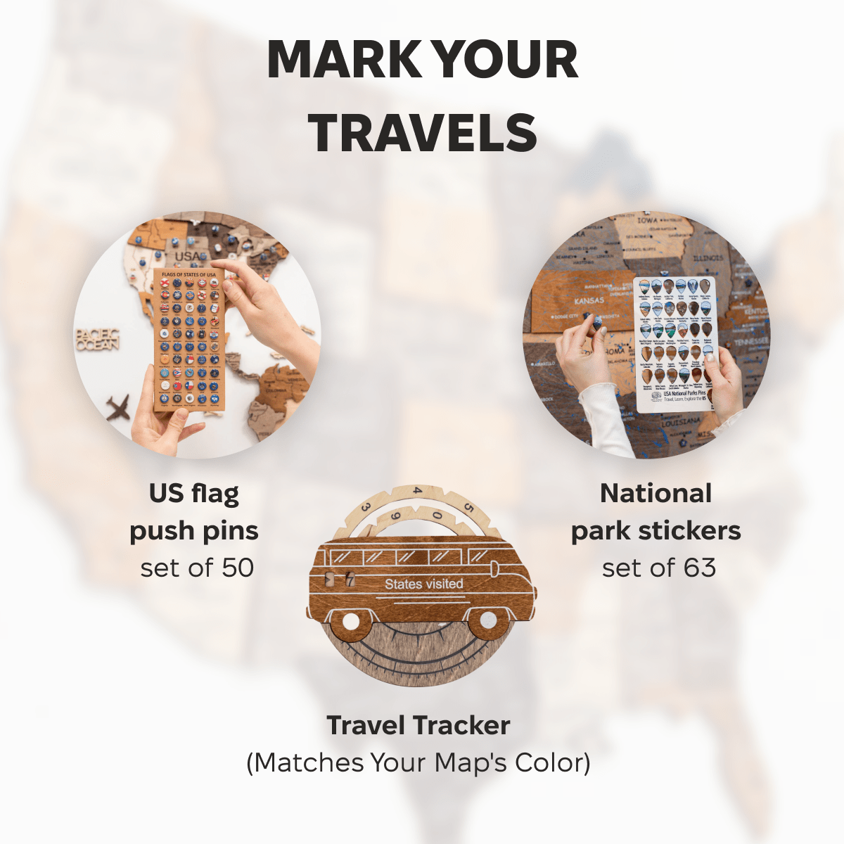 3D USA Wooden Map Travel Tracker Multicolor for Wall Decor