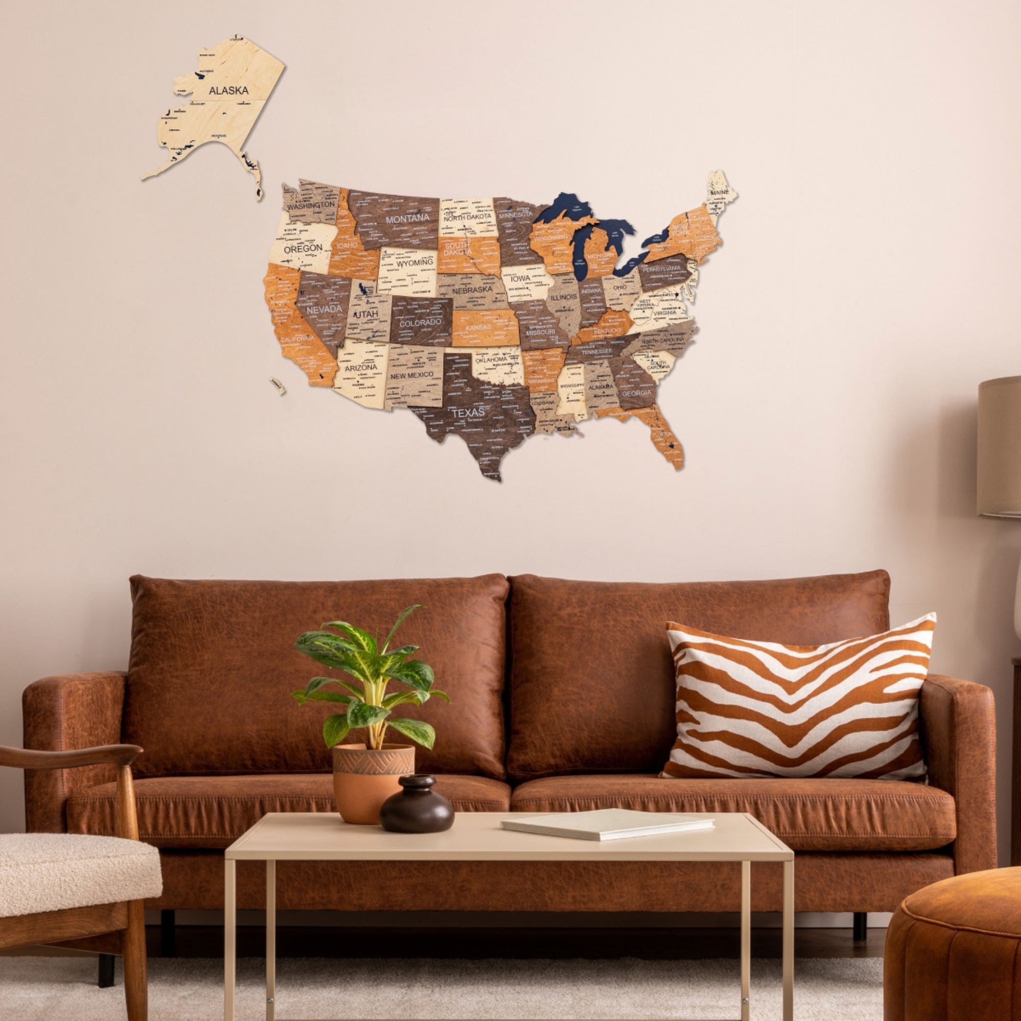 3D Wooden USA Map Wall Art – Modern Multicolor Travel Tracker