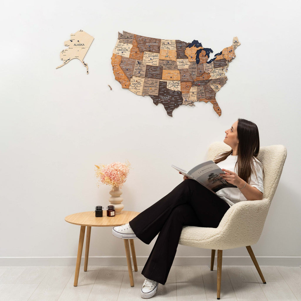 3D Wooden USA Map Wall Art – Modern Multicolor Travel Tracker