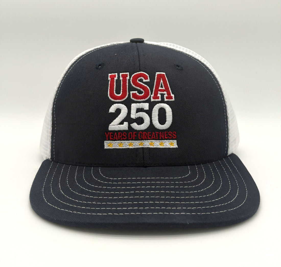 USA 250 Years of Greatness Patriotic Navy and White Trucker Hat