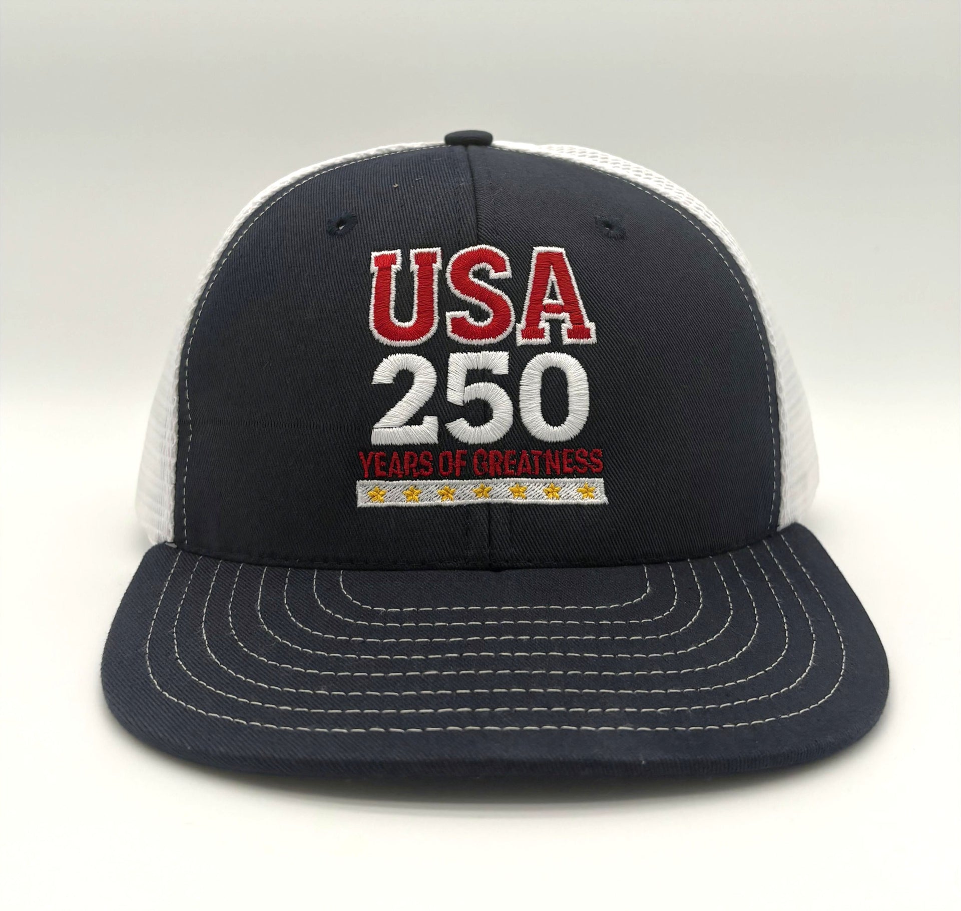 USA 250 Years of Greatness Patriotic Navy and White Trucker Hat