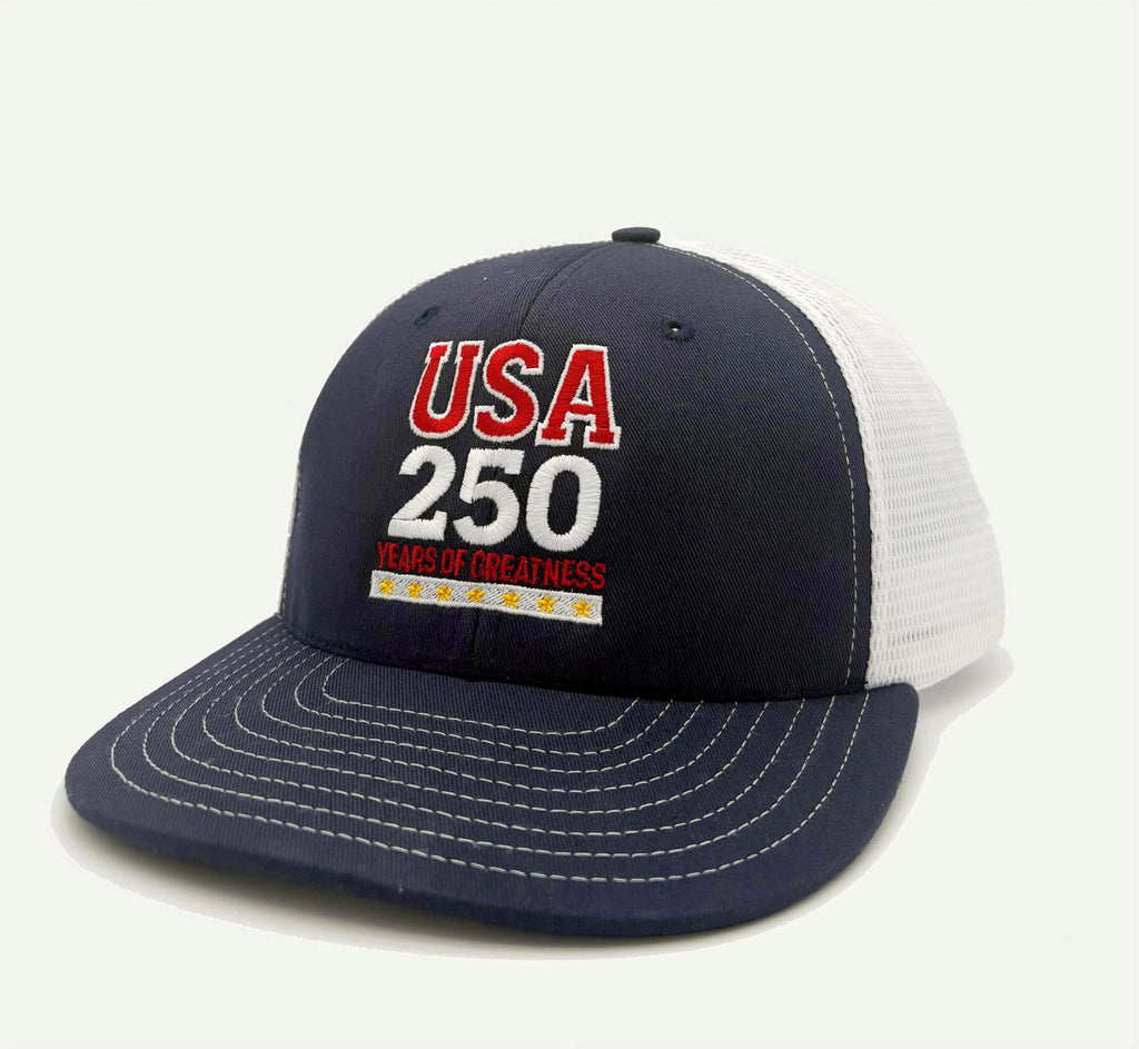 USA 250 Years of Greatness Patriotic Navy and White Trucker Hat