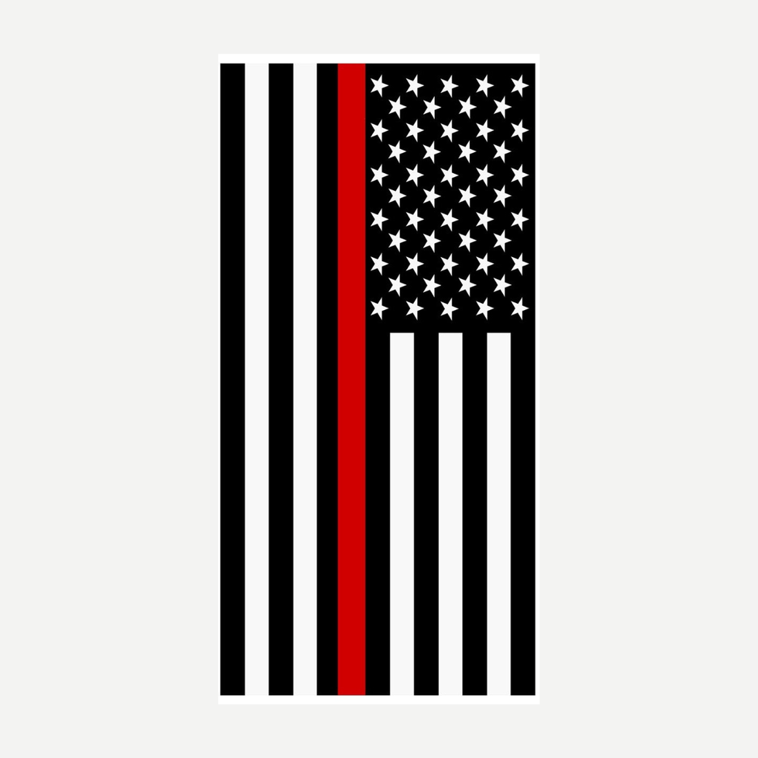 A rectangular beach towel featuring the American flag in black and white with a prominent red stripe representing the Thin Red Line.