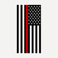 A rectangular beach towel featuring the American flag in black and white with a prominent red stripe representing the Thin Red Line.