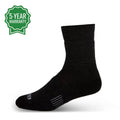 A pair of lightweight crew Merino wool socks in black and olive-green, designed for outdoor utility.