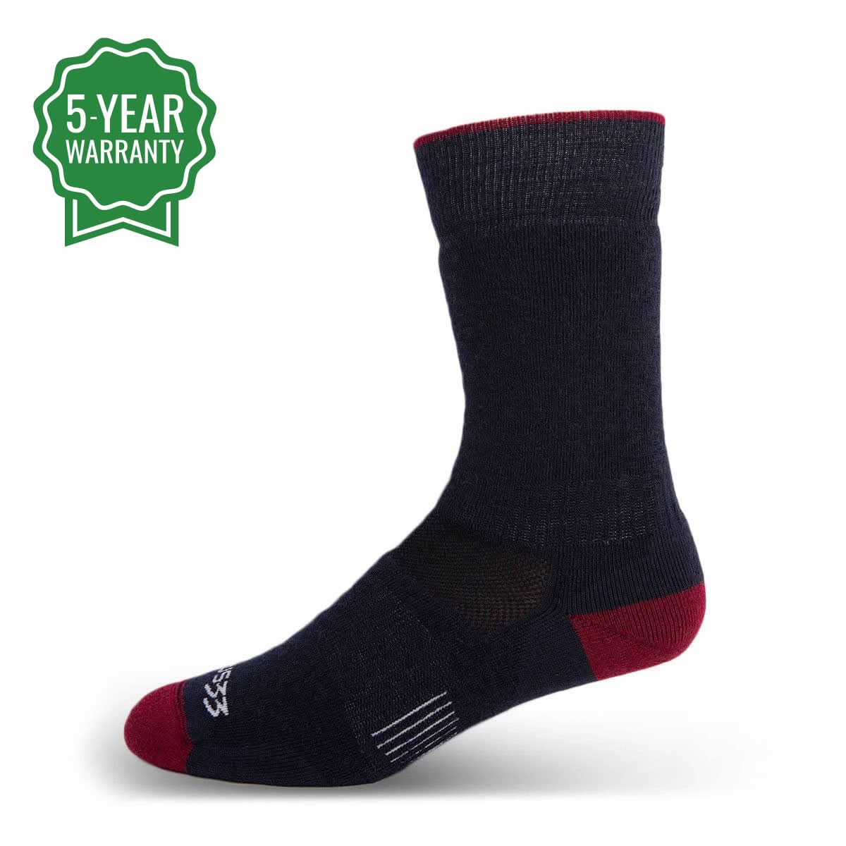 Close up of Merino wool boot socks in various colors including navy, olive, and neon-yellow on a mountain trail.