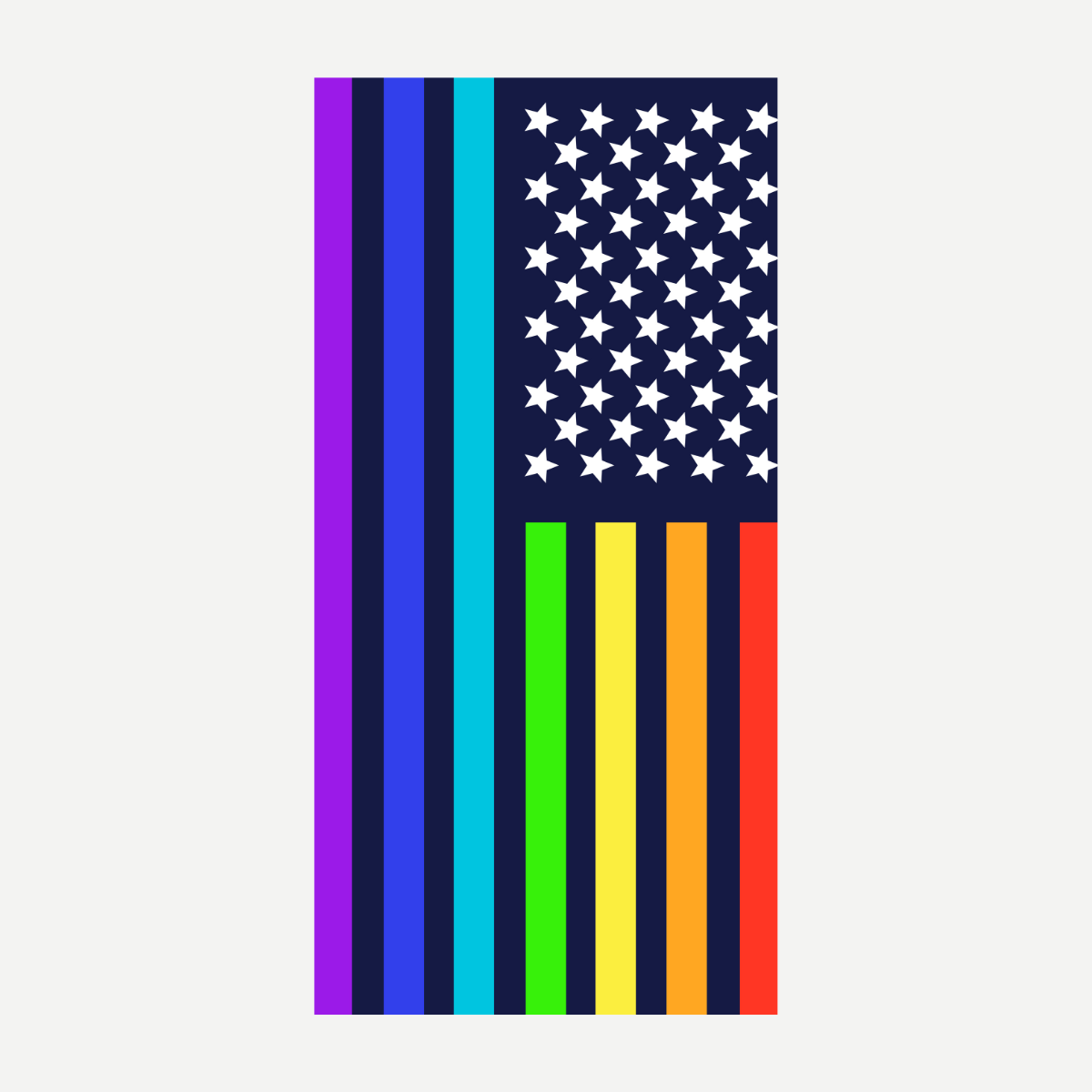 A rectangular beach towel featuring an American flag design with a vibrant neon rainbow color palette and a dark blue star field.