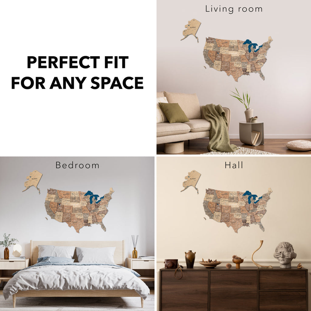3D Wooden Map of USA - Smokey Collection Modern Wall Decor