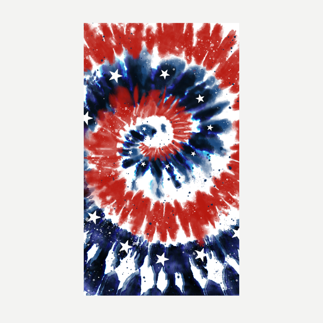 A rectangular beach towel featuring a patriotic red, white, and blue tie-dye spiral pattern with white star accents throughout.