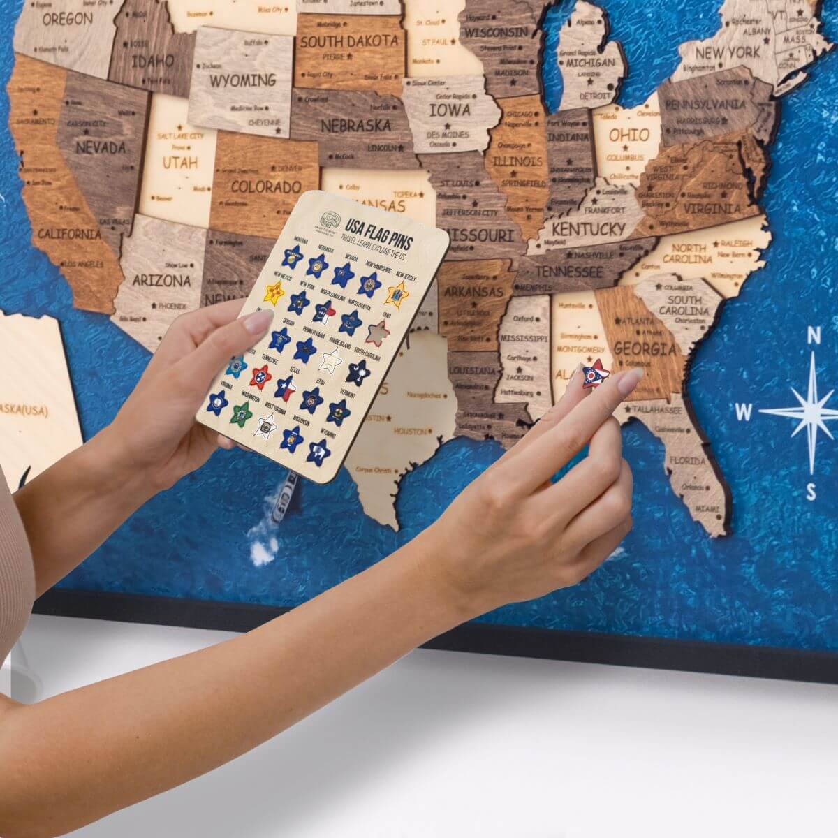 US Flag Sticky Pins - Wooden State Travel Map Markers for Home
