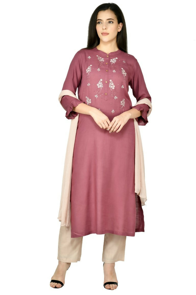 Wine-colored cotton rayon kurta set with shantoon bottom and matching dupatta.