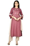 Wine-colored cotton rayon kurta set with shantoon bottom and matching dupatta.