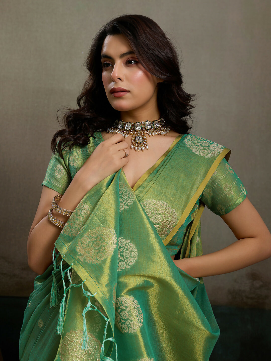 Green Tissue Silk Saree with Matching Elegant Blouse