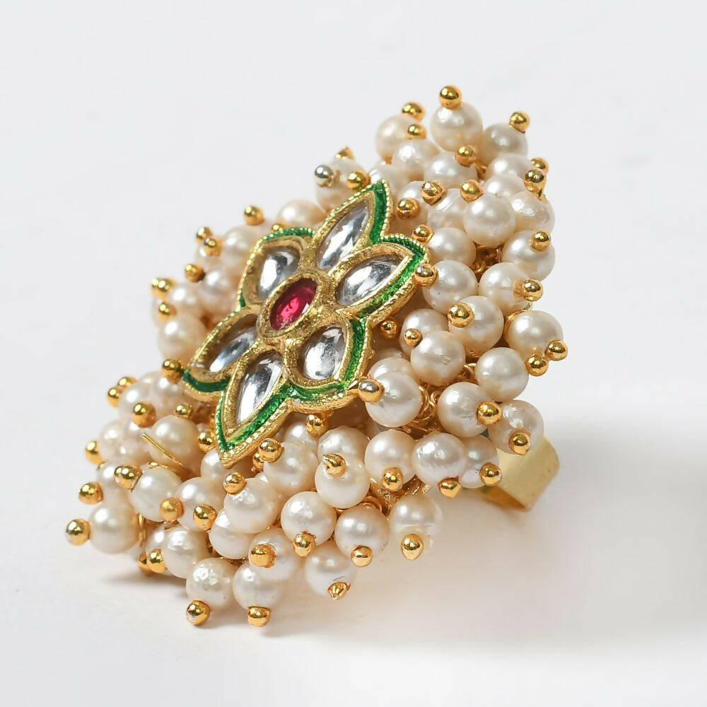 Joharkamal Gold-Polished Ring with Pearl Embellishments