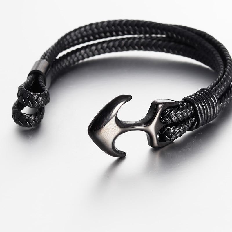 Titanium Steel Nautical Anchor Leather Bracelet for Men and Women