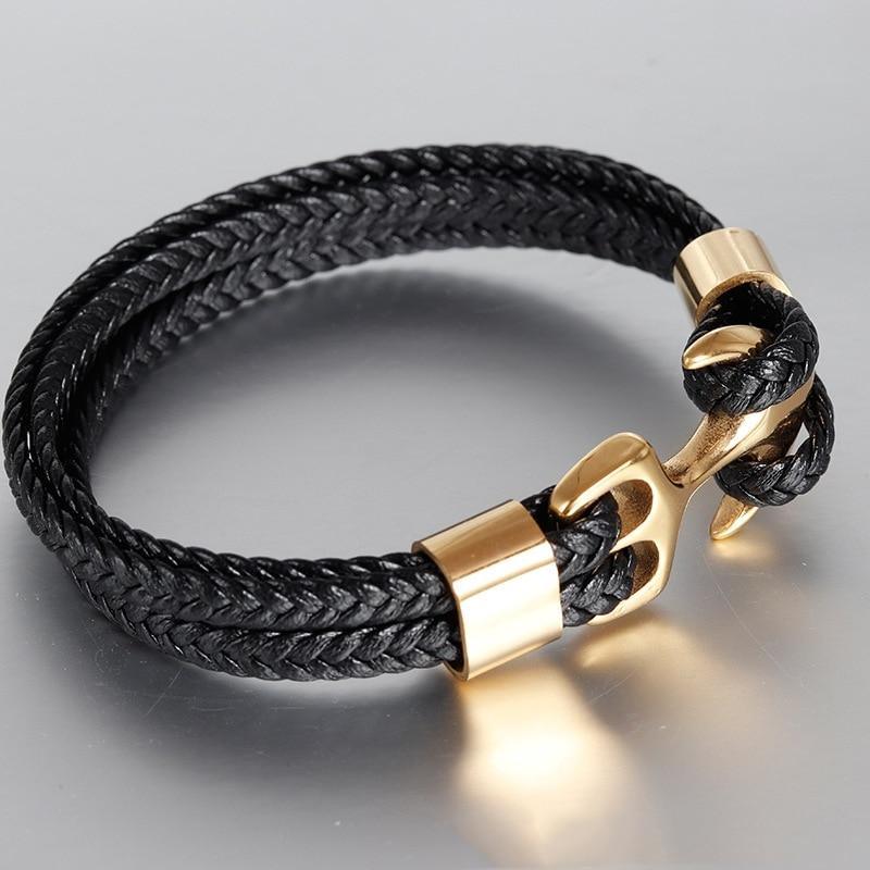 Titanium Steel Nautical Anchor Leather Bracelet for Men and Women