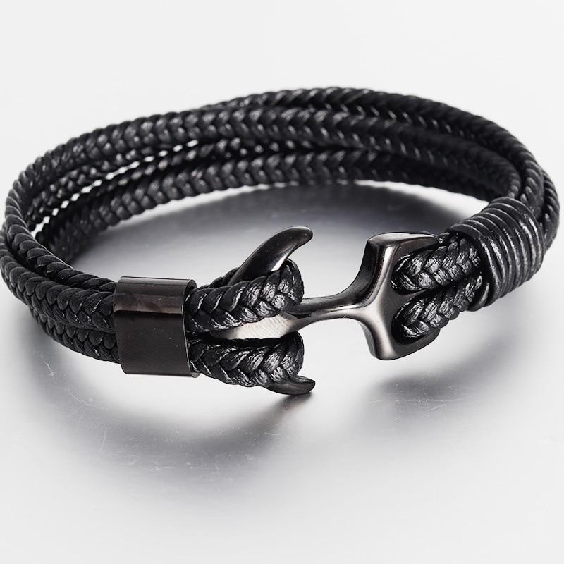 Titanium Steel Nautical Anchor Leather Bracelet for Men and Women