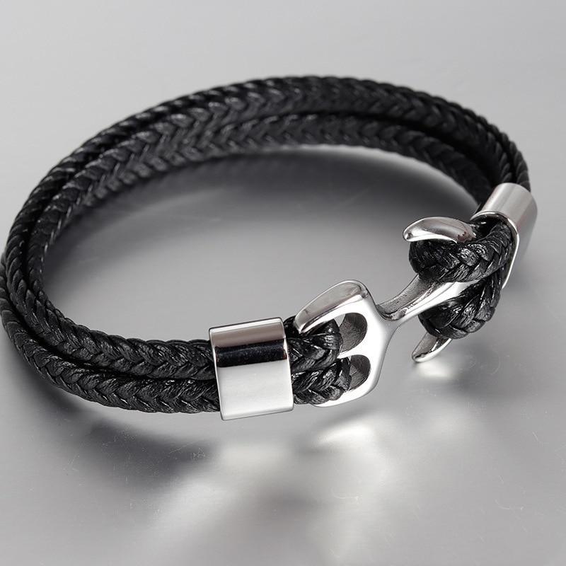 Titanium Steel Nautical Anchor Leather Bracelet for Men and Women