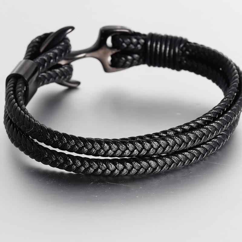Titanium Steel Nautical Anchor Leather Bracelet for Men and Women