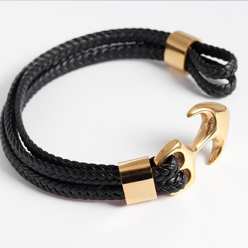 Titanium Steel Nautical Anchor Leather Bracelet for Men and Women