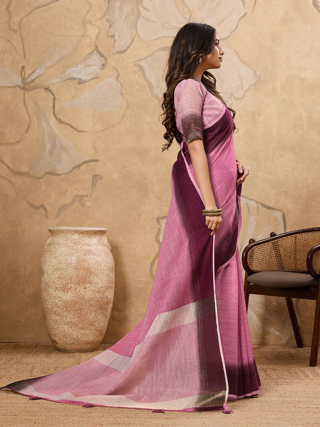 Rani Pink Linen Saree with Matching Blouse - Breathable Ethnic Wear