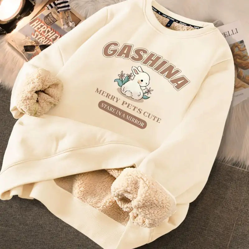 Women's Cream Fleece Lined Graphic Sweater with Cute Bear Print - Image 7