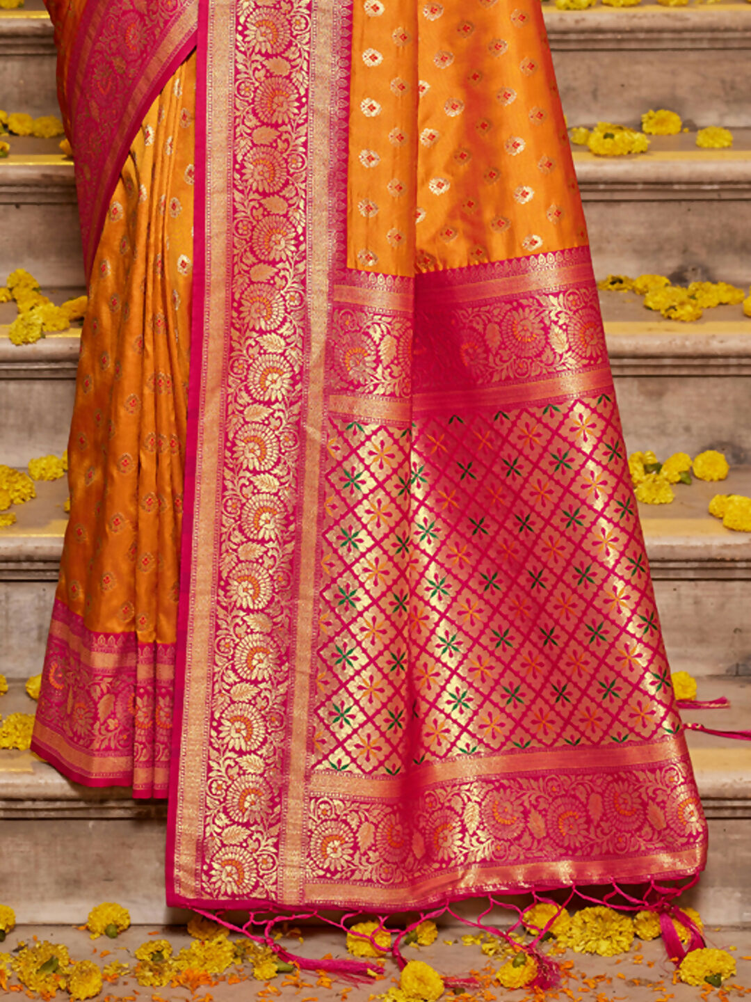 Mustard Banarasi Silk Saree with Contrast Pink Blouse