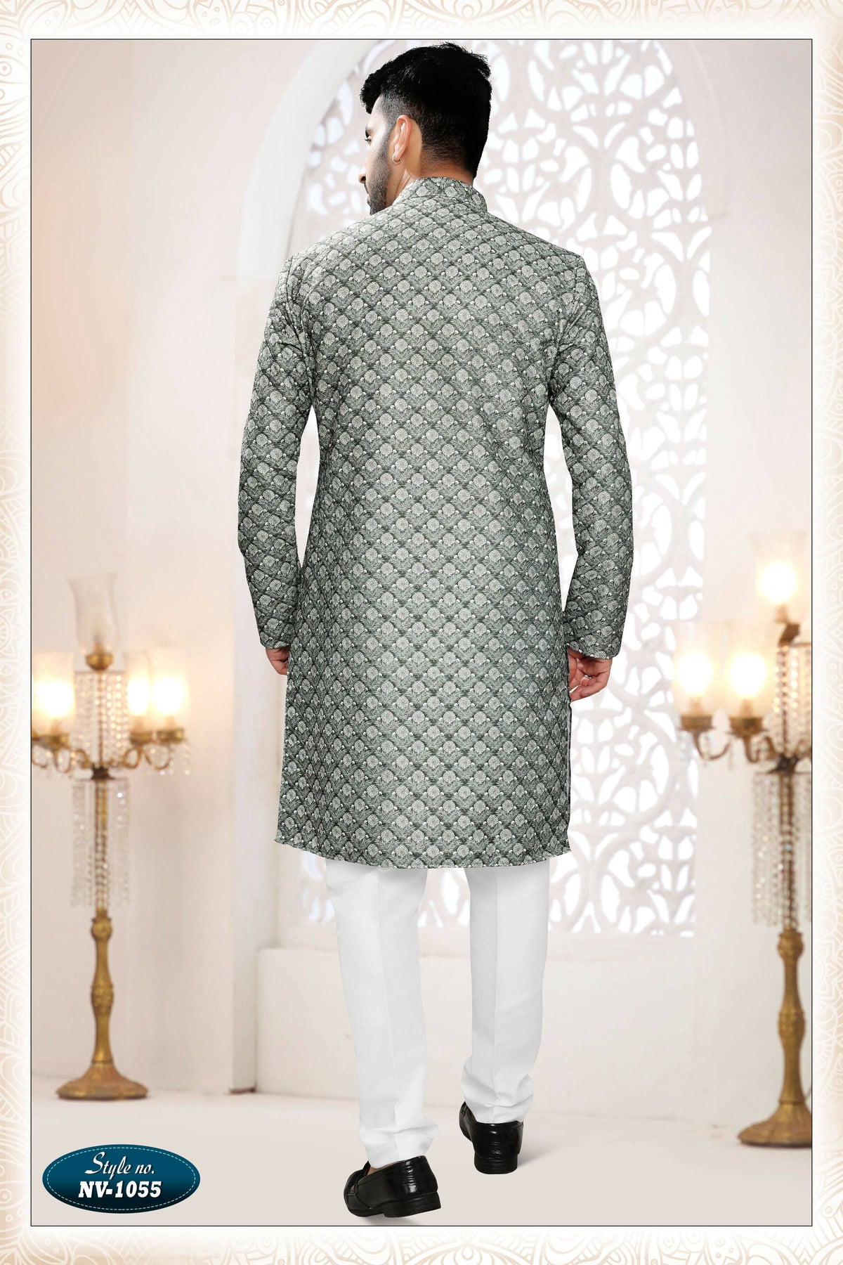 Men's Green Straight Silk Kurta Set with All Over Thread Embroidery