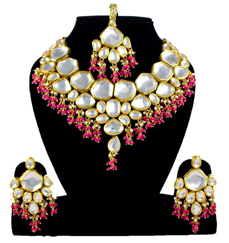 Pink Kundan Necklace Set with gold plating and adjustable cord