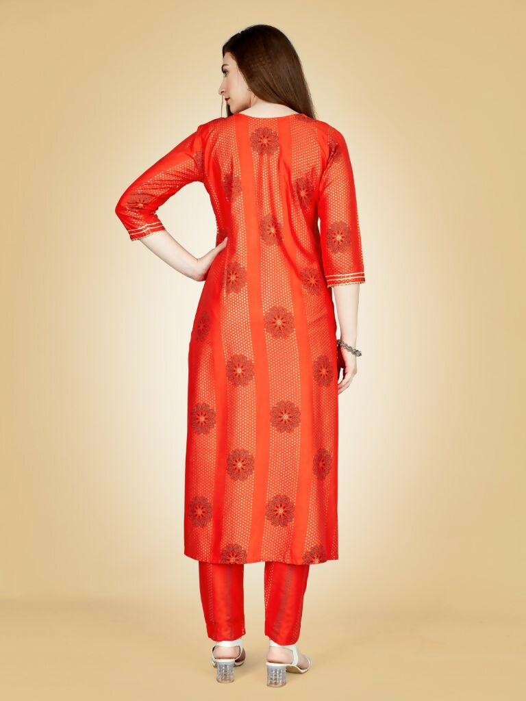 Women's Orange Viscose Rayon Embroidered Kurta Pant Set