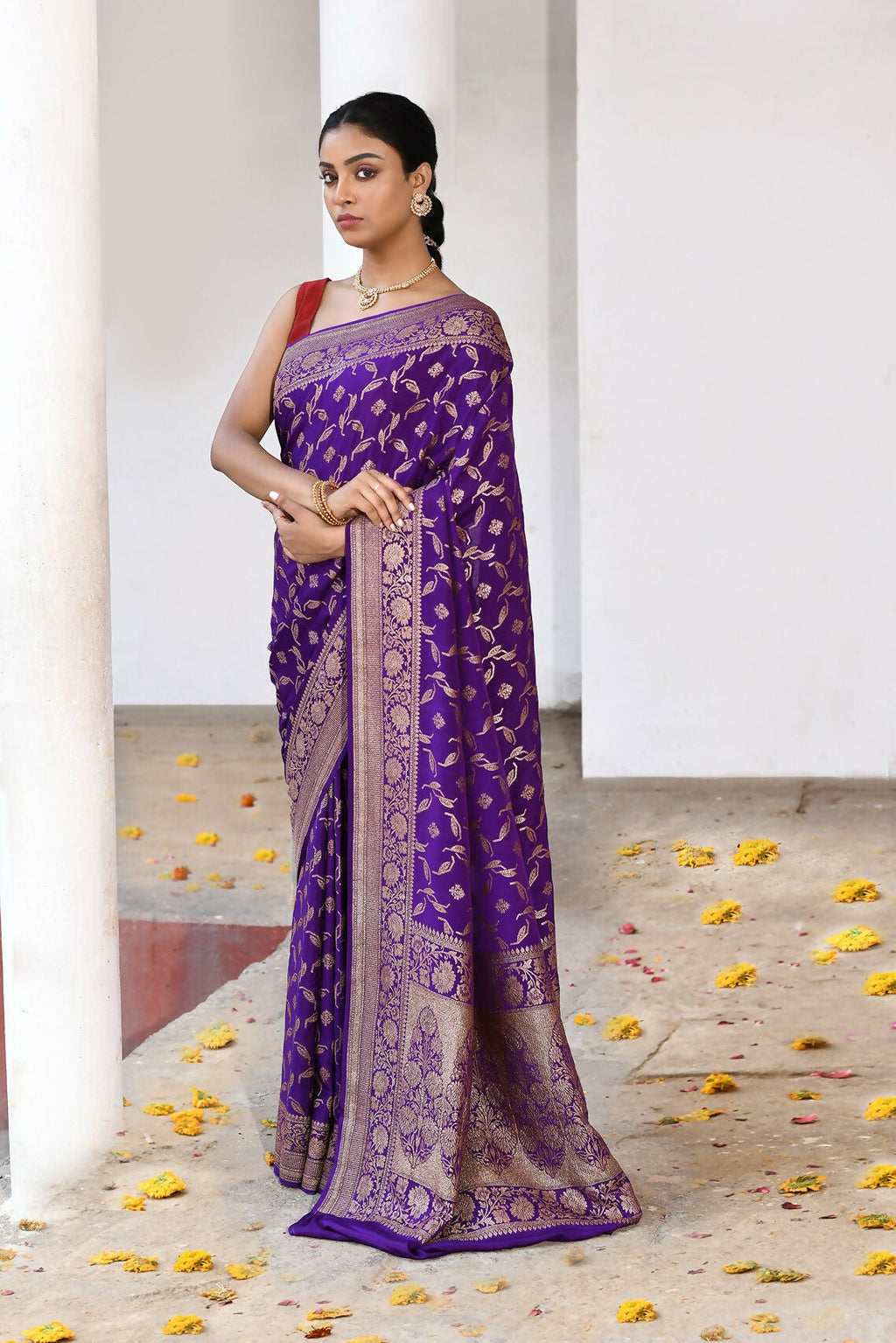 Purple Crepe Chiffon Pure Handloom Banarasi Silk Saree