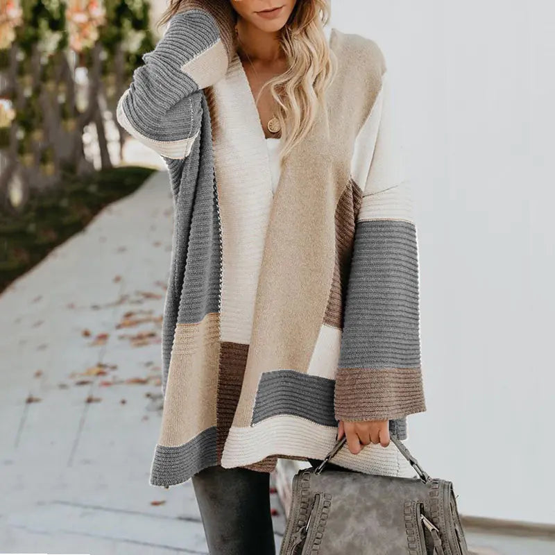 Women's Geometric Color Block Cardigan Long Sleeve Knit Sweater