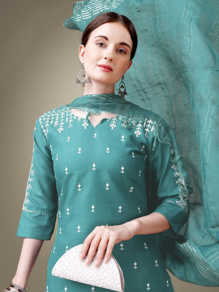 Women's Teal Cotton Blend Straight Kurta Set with Sequence Work