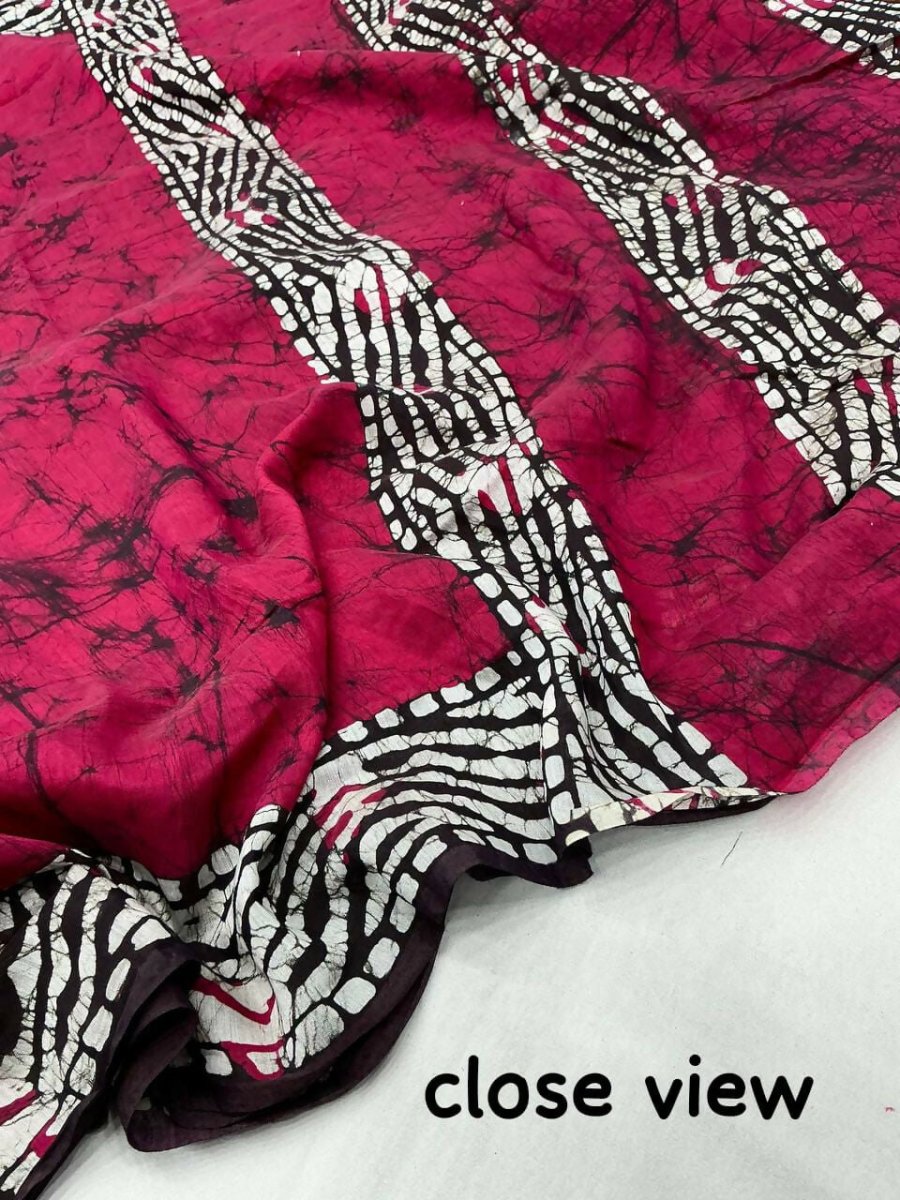 Rani Pink Pure Chanderi Cotton Batik Printed Saree