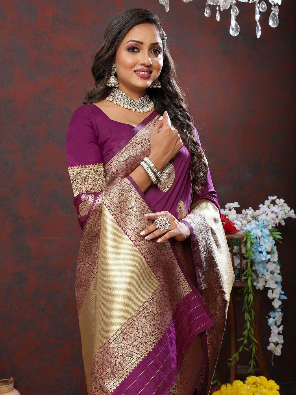 Wine Soft Silk Saree with Gold Zari Weaving and Silk Blouse