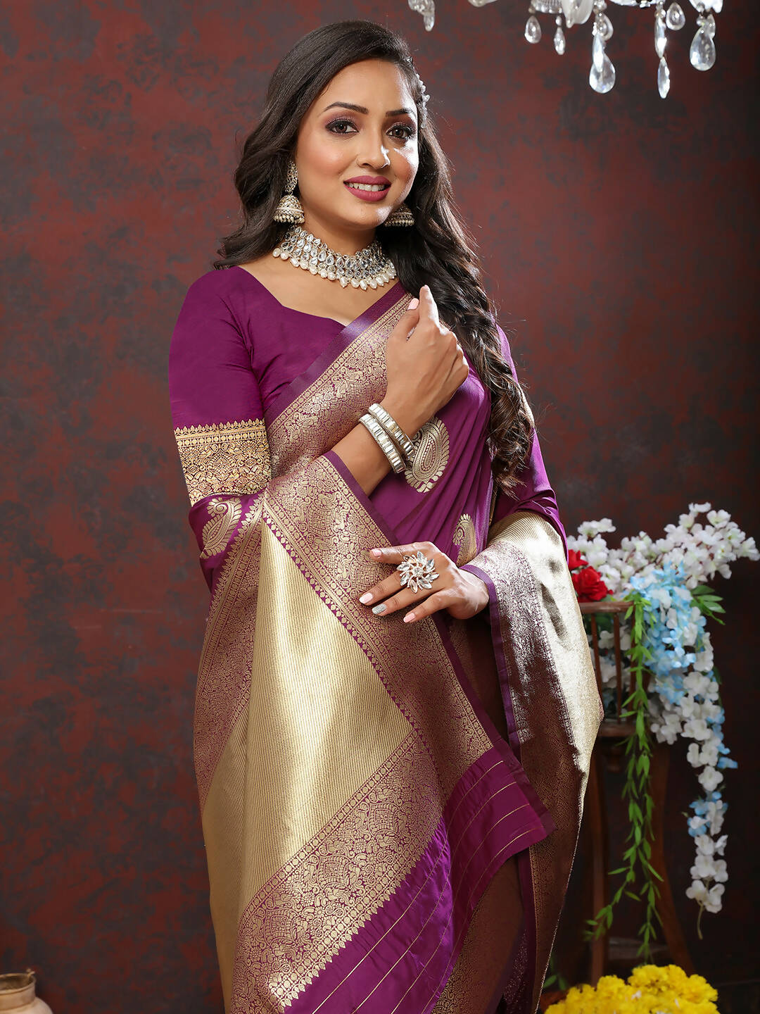 Wine Soft Silk Saree with Gold Zari Weaving and Silk Blouse