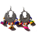 Small silver oxidized jhumka earrings with multi-color bead accents
