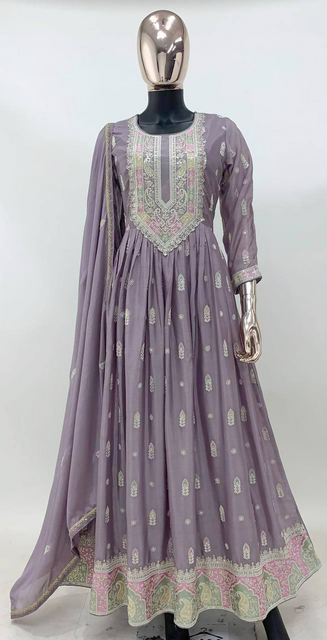 Lavender Chinon Embroidery Sequins Work Stitched Gown